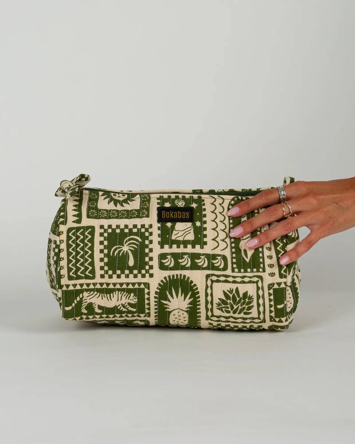 La trousse de toilette matelassée en coton Art vert - Large- Yoga Searcher