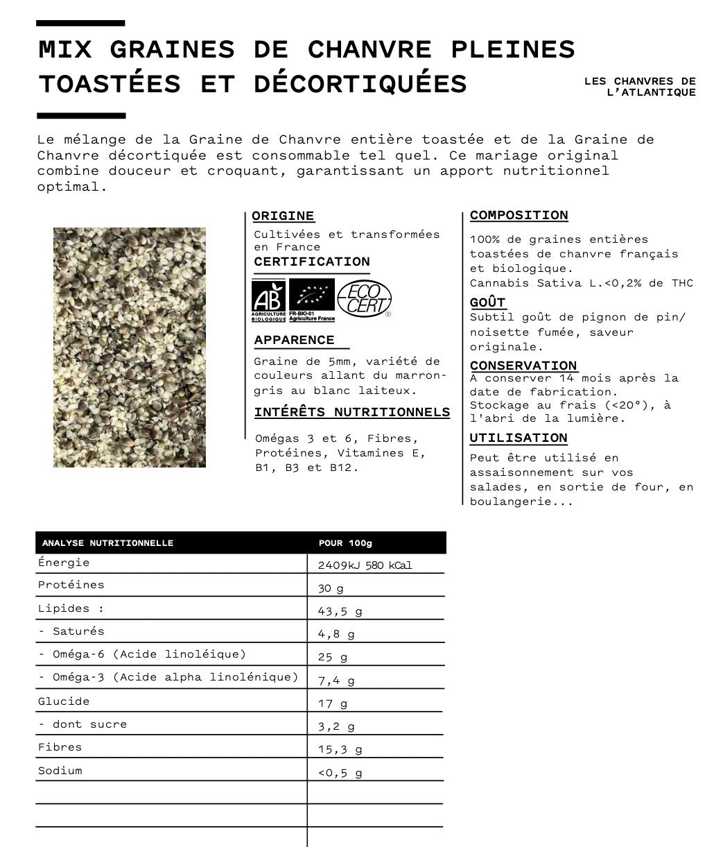 Duo graines de chanvre décortiquées et graines de chanvre toastées